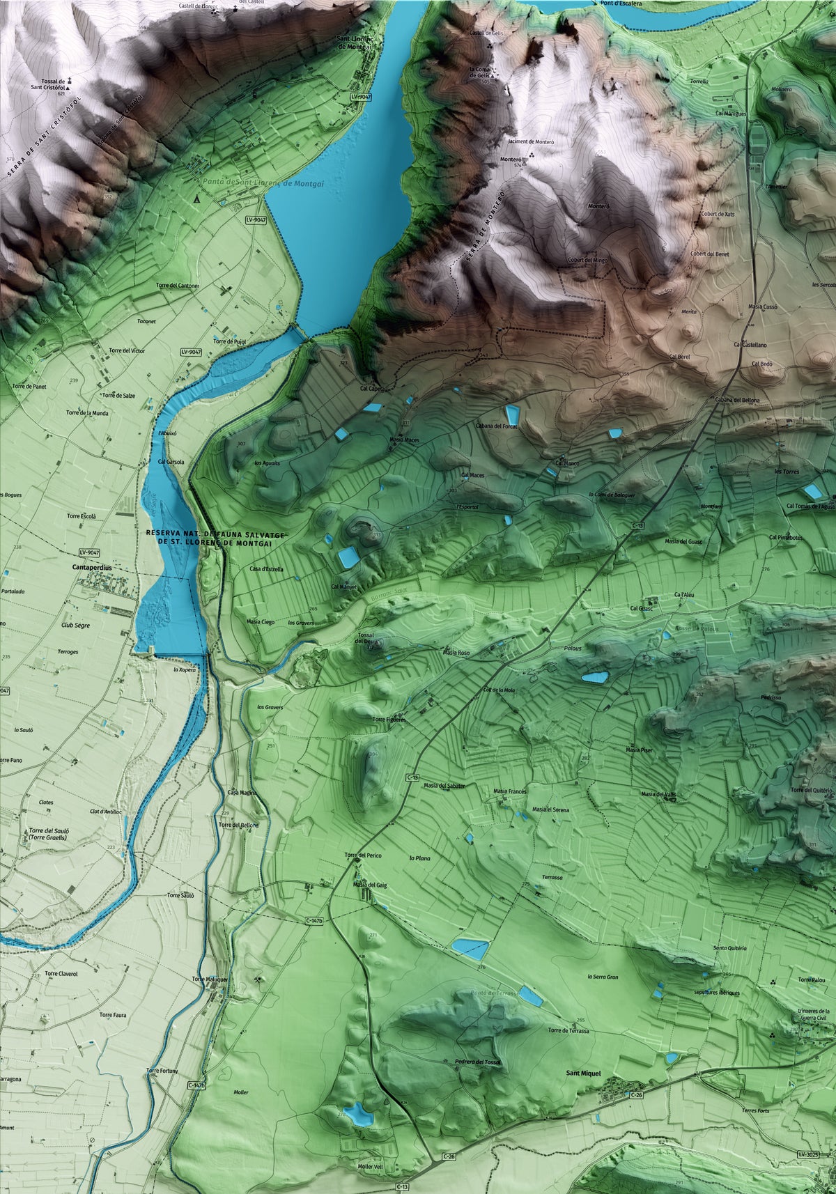 Mapa artístico del relieve de la Sentiu de Sió, a la Noguera, con 15 km de entorno y base topográfica ICGC. Detalle de la zona superior izquierda.