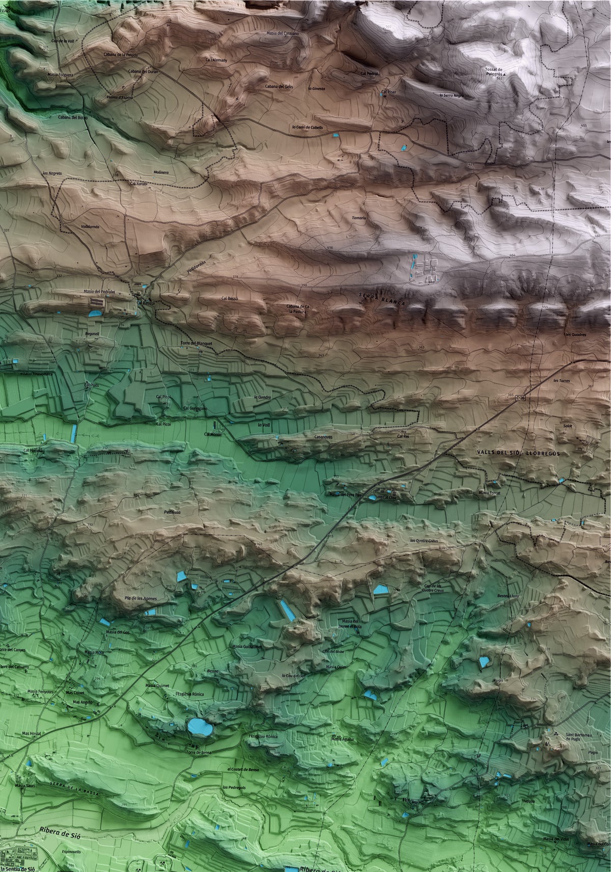 Mapa artístico del relieve de la Sentiu de Sió, a la Noguera, con 15 km de entorno y base topográfica ICGC. Detalle de la zona superior derecha.