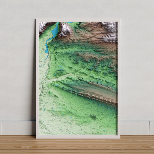Mapa artístico del relieve de la Sentiu de Sió, a la Noguera, con 15 km de entorno y base topográfica ICGC. Presentación enmarcada.