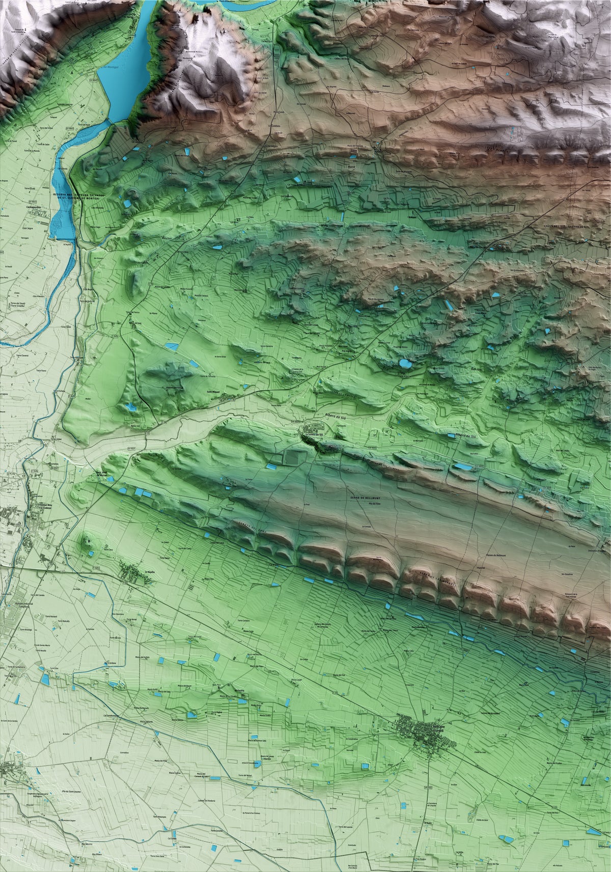 Mapa artístico del relieve de la Sentiu de Sió, a la Noguera, con 15 km de entorno y base topográfica ICGC