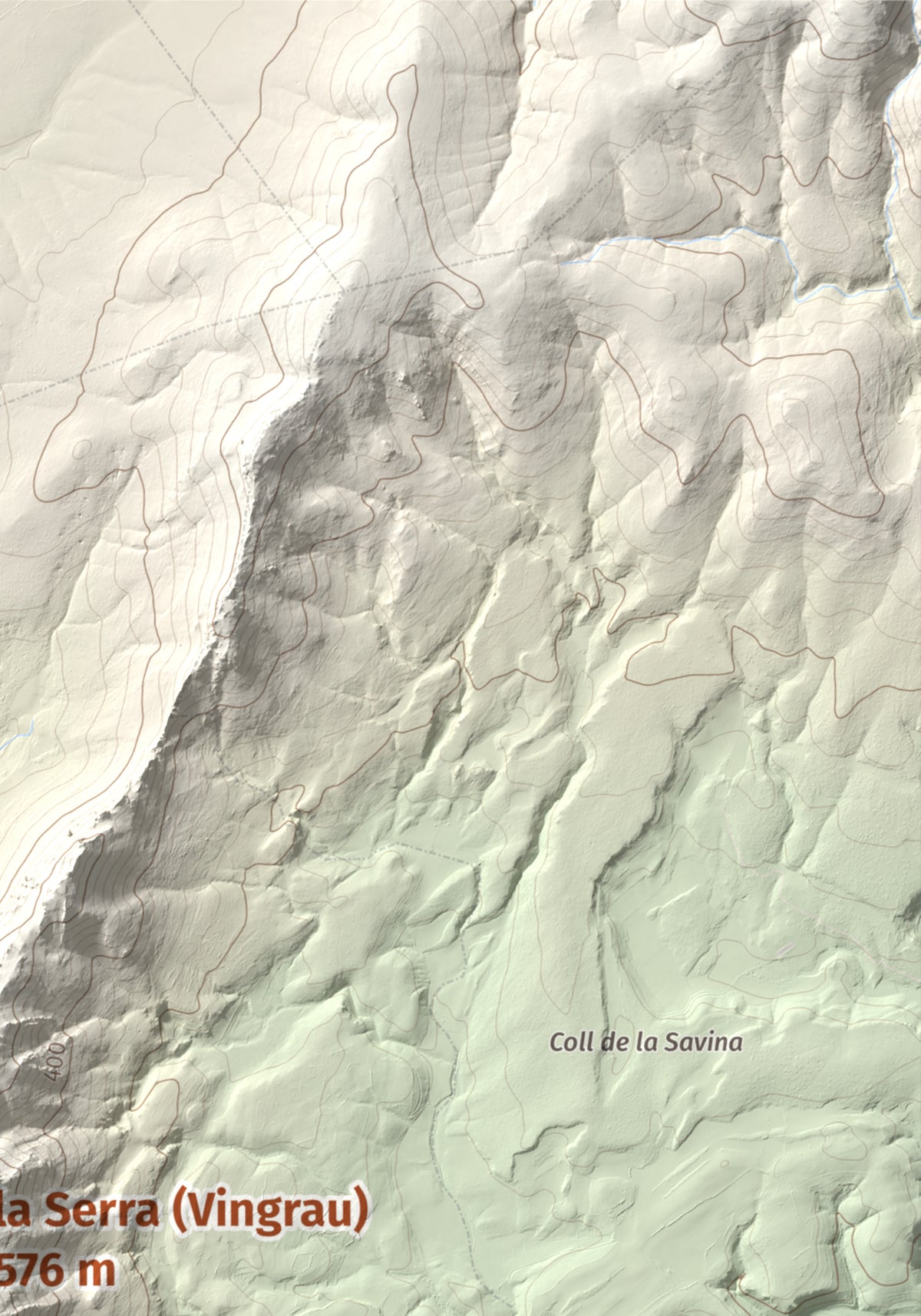 Mapa topogràfic del relleu: la Serra (Vingrau), 576 m. Detall de la zona superior dreta. 21 × 30 cm.