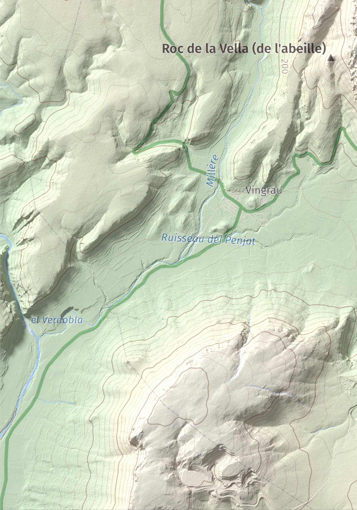 Mapa topogràfic del relleu: la Serra (Vingrau), 576 m. Detall de la zona inferior esquerra. 21 × 30 cm.
