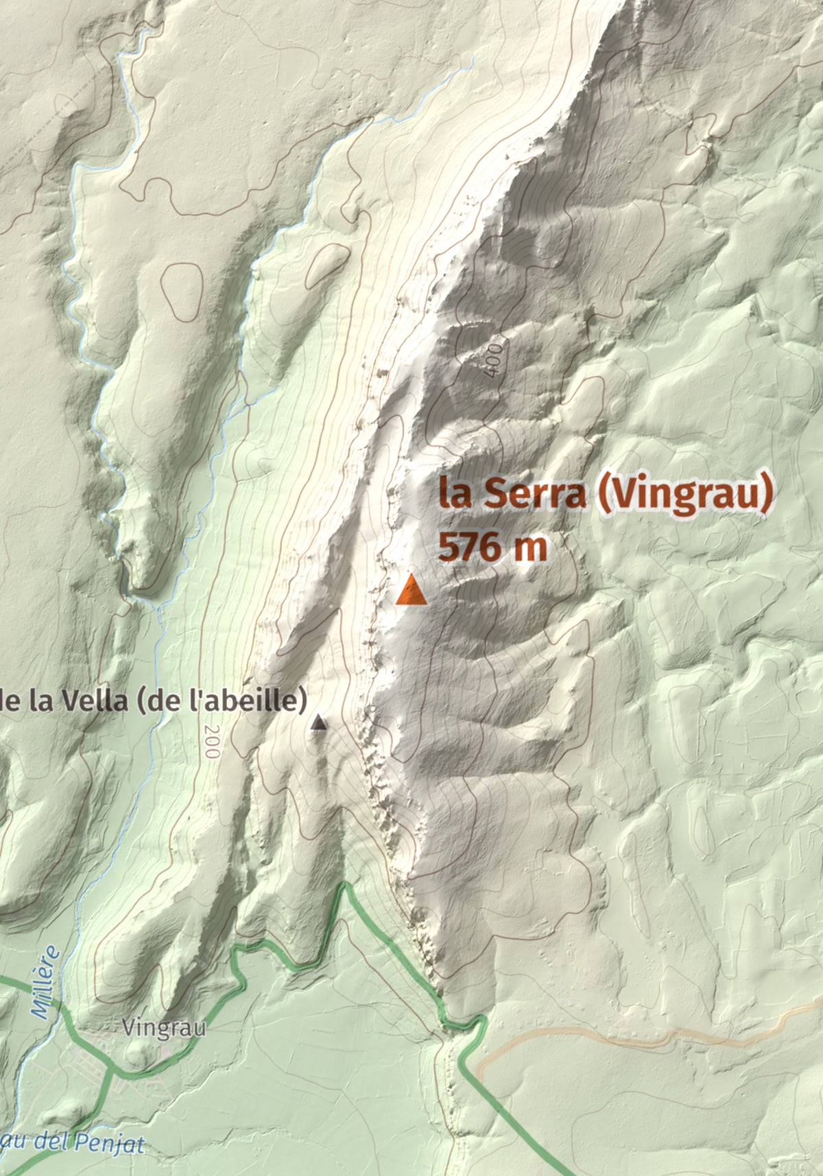 Mapa topogràfic del relleu: la Serra (Vingrau), 576 m. Detall de la zona central. 21 × 30 cm.
