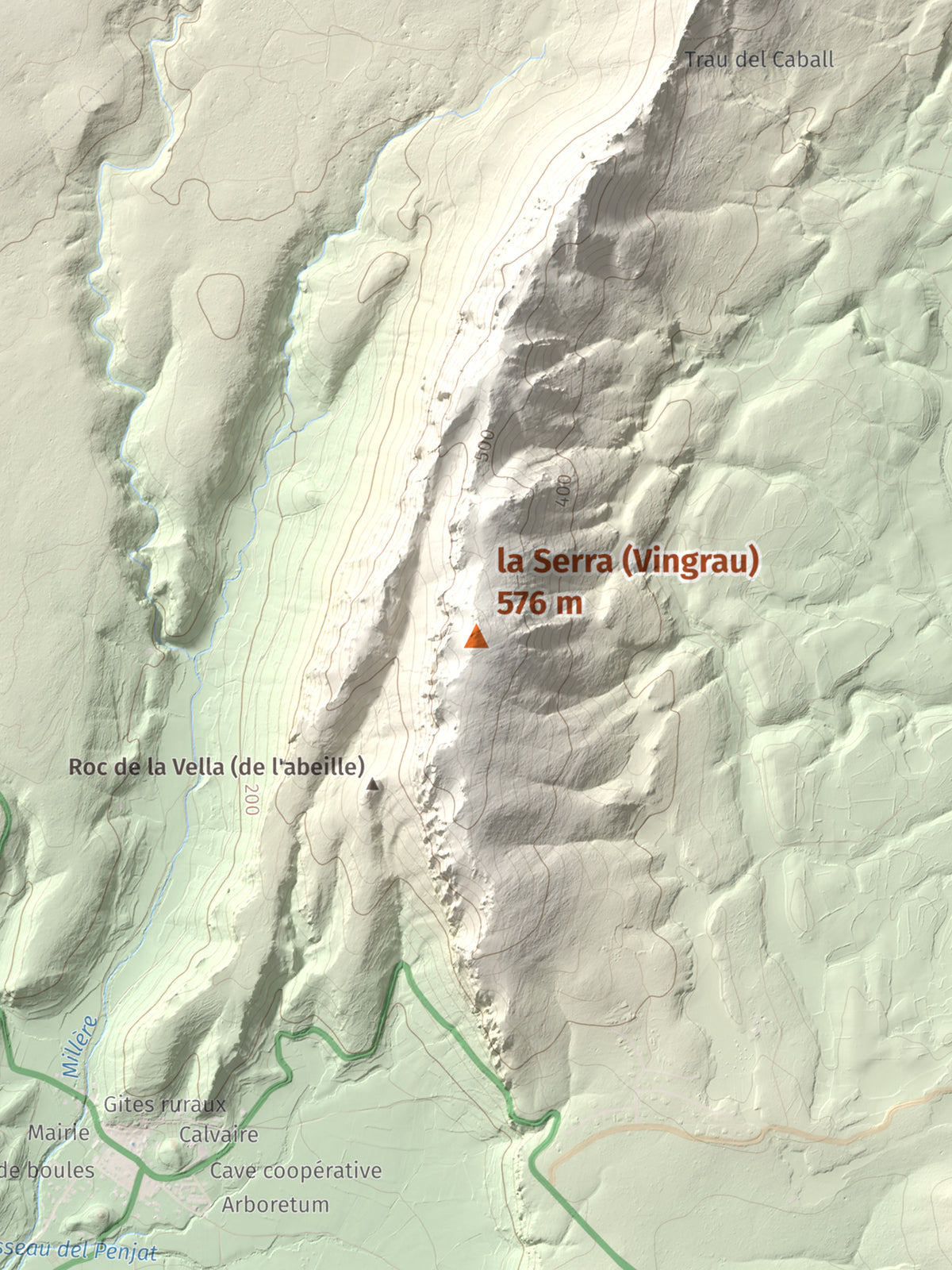 Mapa topogràfic del relleu: la Serra (Vingrau), 576 m. Detall de la zona central. 30 × 40 cm.