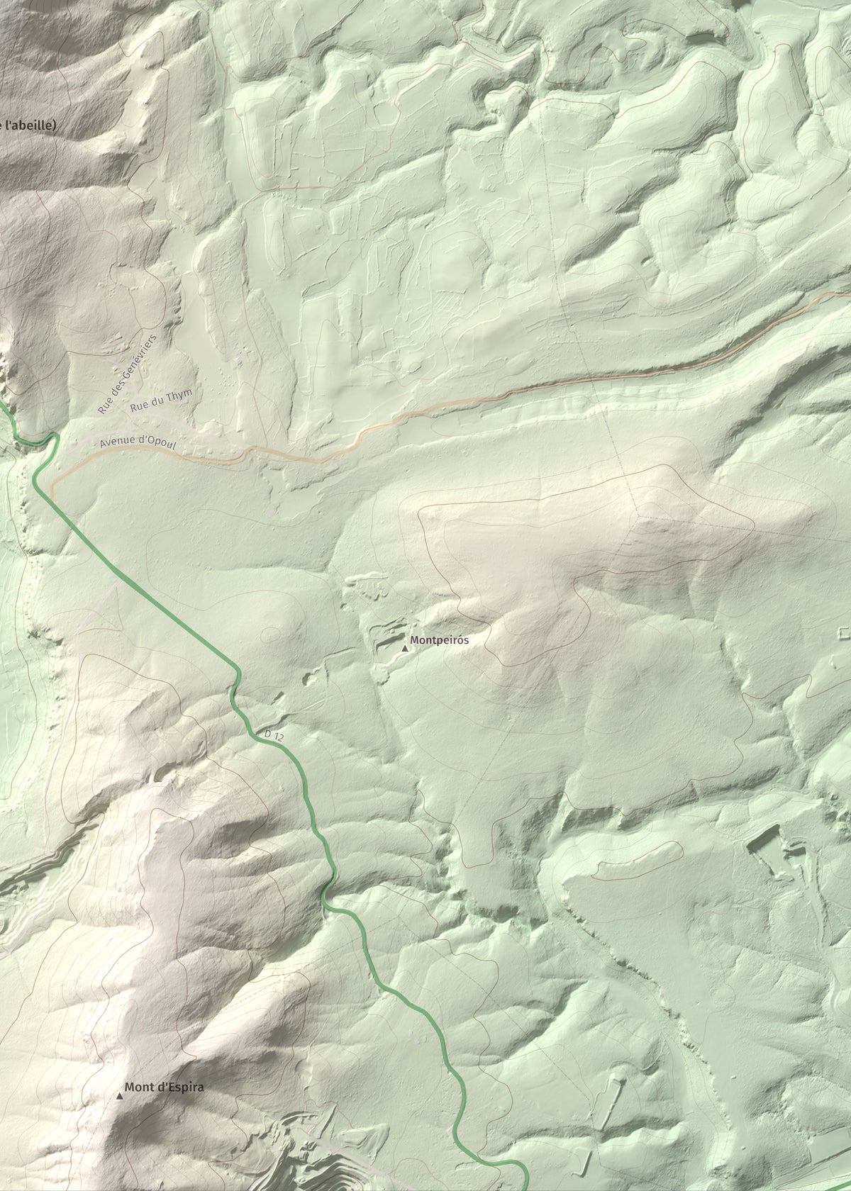 Mapa topogràfic del relleu: la Serra (Vingrau), 576 m. Detall de la zona inferior dreta. 50 × 70 cm.
