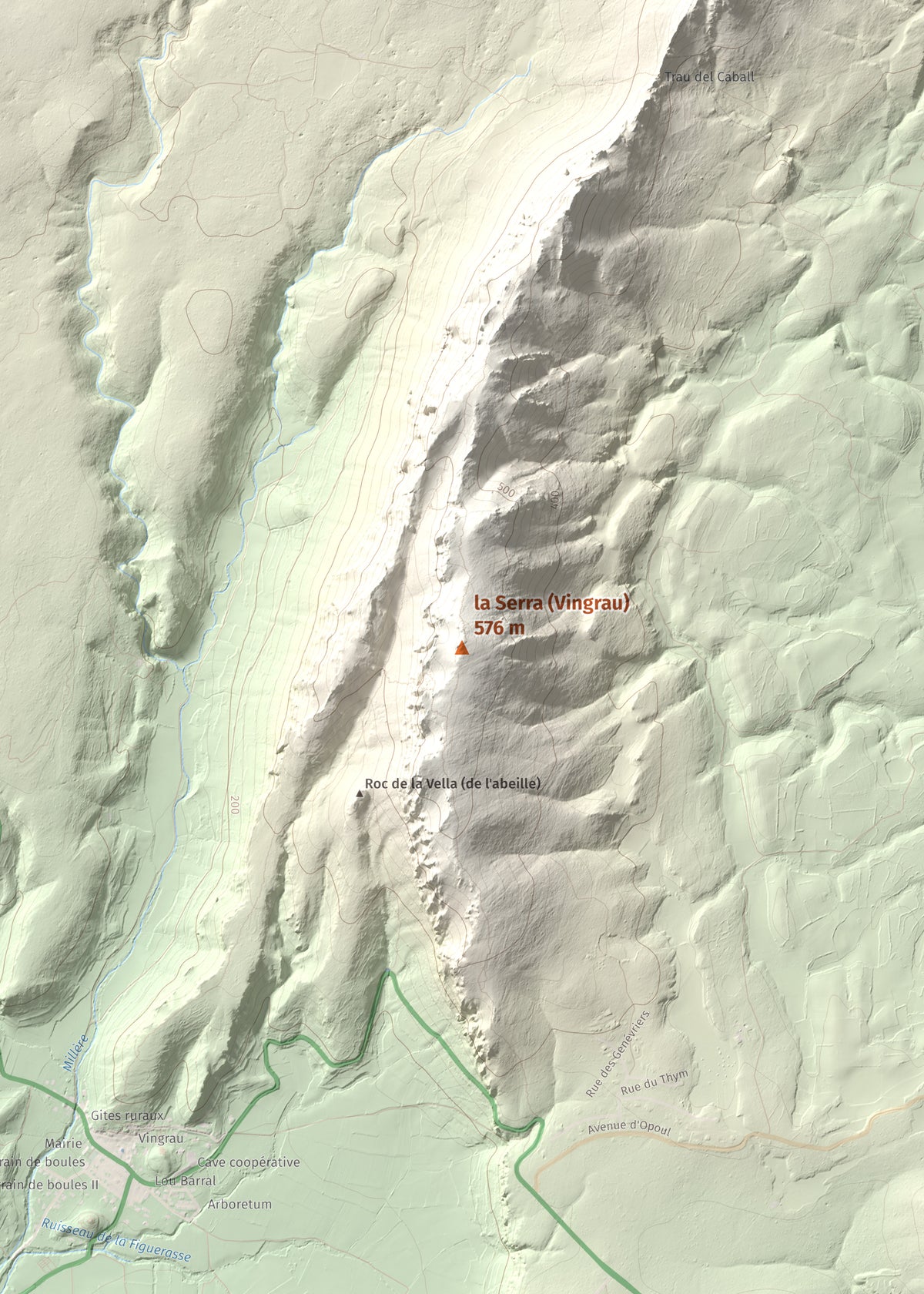 Mapa topogràfic del relleu: la Serra (Vingrau), 576 m. Detall de la zona central. 50 × 70 cm.