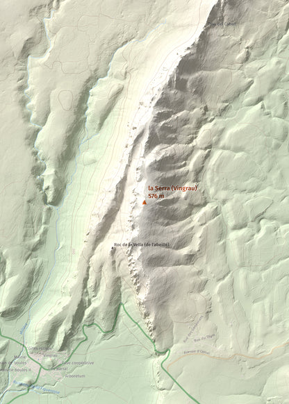 Mapa topogràfic del relleu: la Serra (Vingrau), 576 m. Detall de la zona central. 50 × 70 cm.