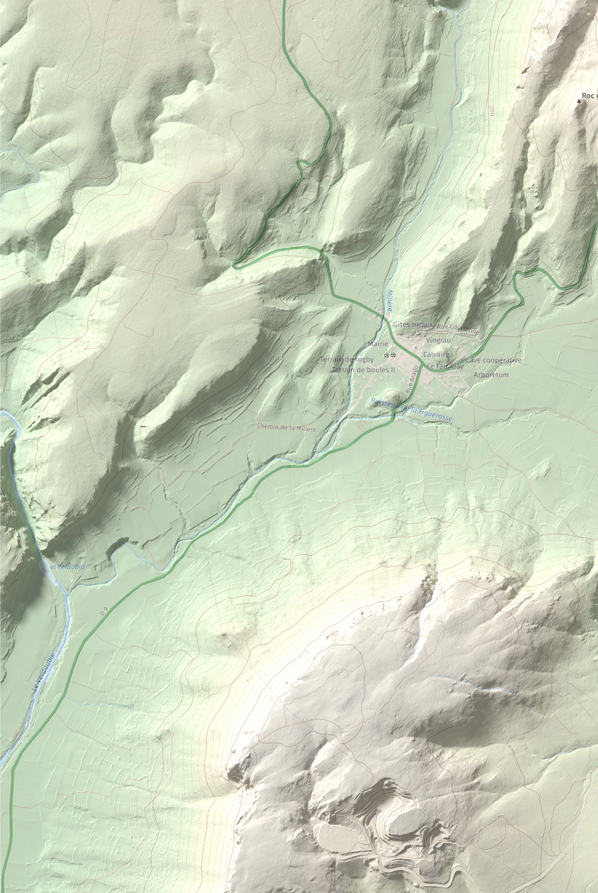 Mapa topogràfic del relleu: la Serra (Vingrau), 576 m. Detall de la zona inferior esquerra. 61 × 91 cm.