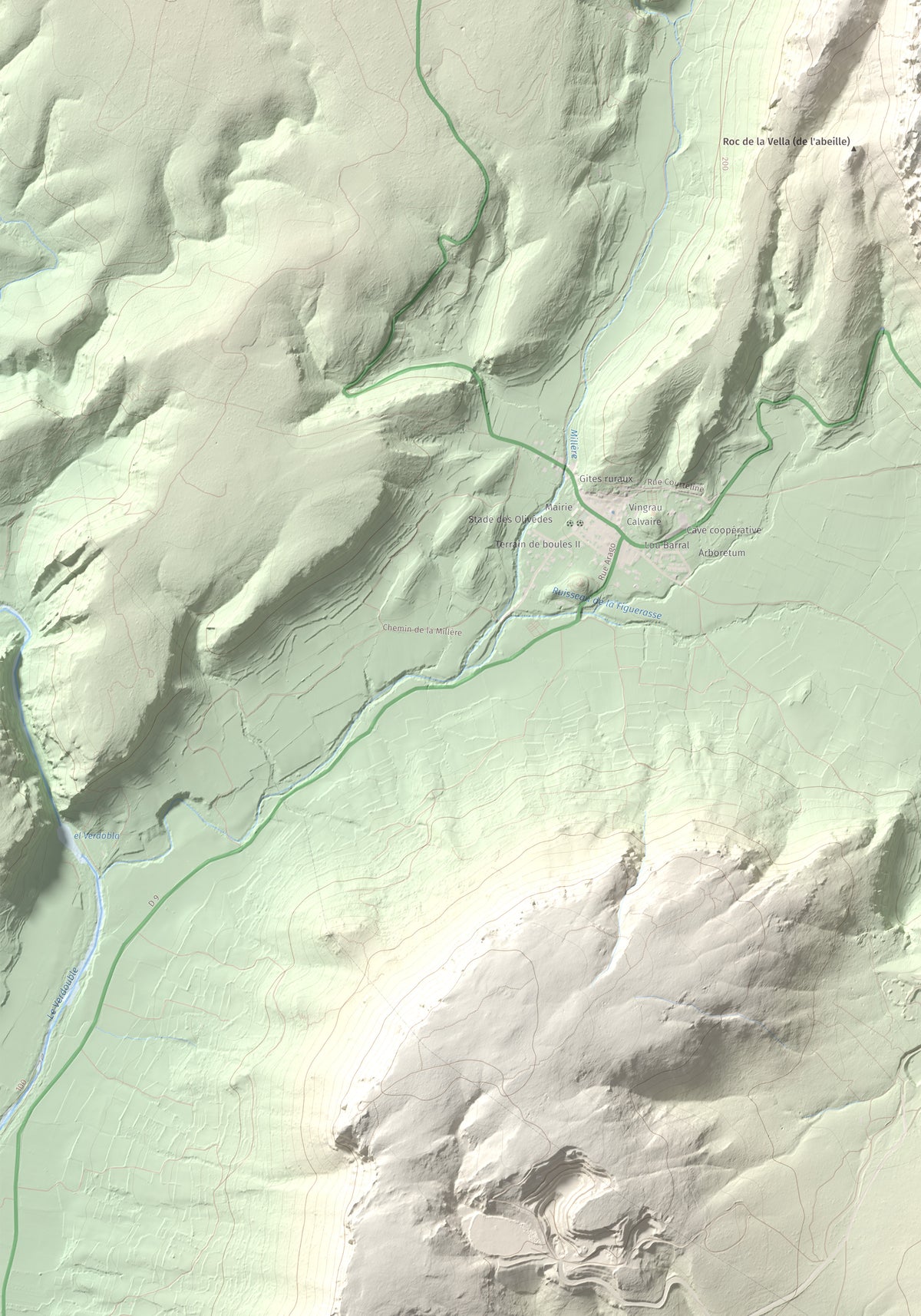 Mapa topogràfic del relleu: la Serra (Vingrau), 576 m. Detall de la zona inferior esquerra. 70 × 100 cm.