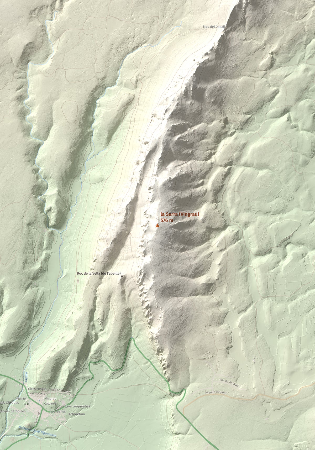Mapa topogràfic del relleu: la Serra (Vingrau), 576 m. Detall de la zona central. 70 × 100 cm.