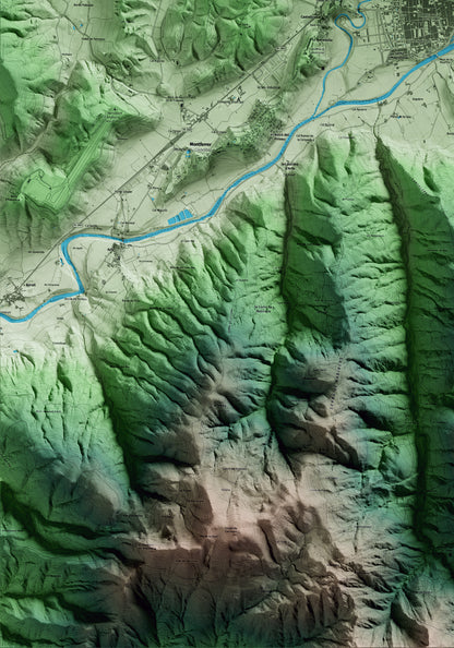 Mapa artístico del relieve de la Seu d'Urgell, al Alt Urgell, con 15 km de entorno y base topográfica ICGC. Detalle de la zona inferior izquierda.