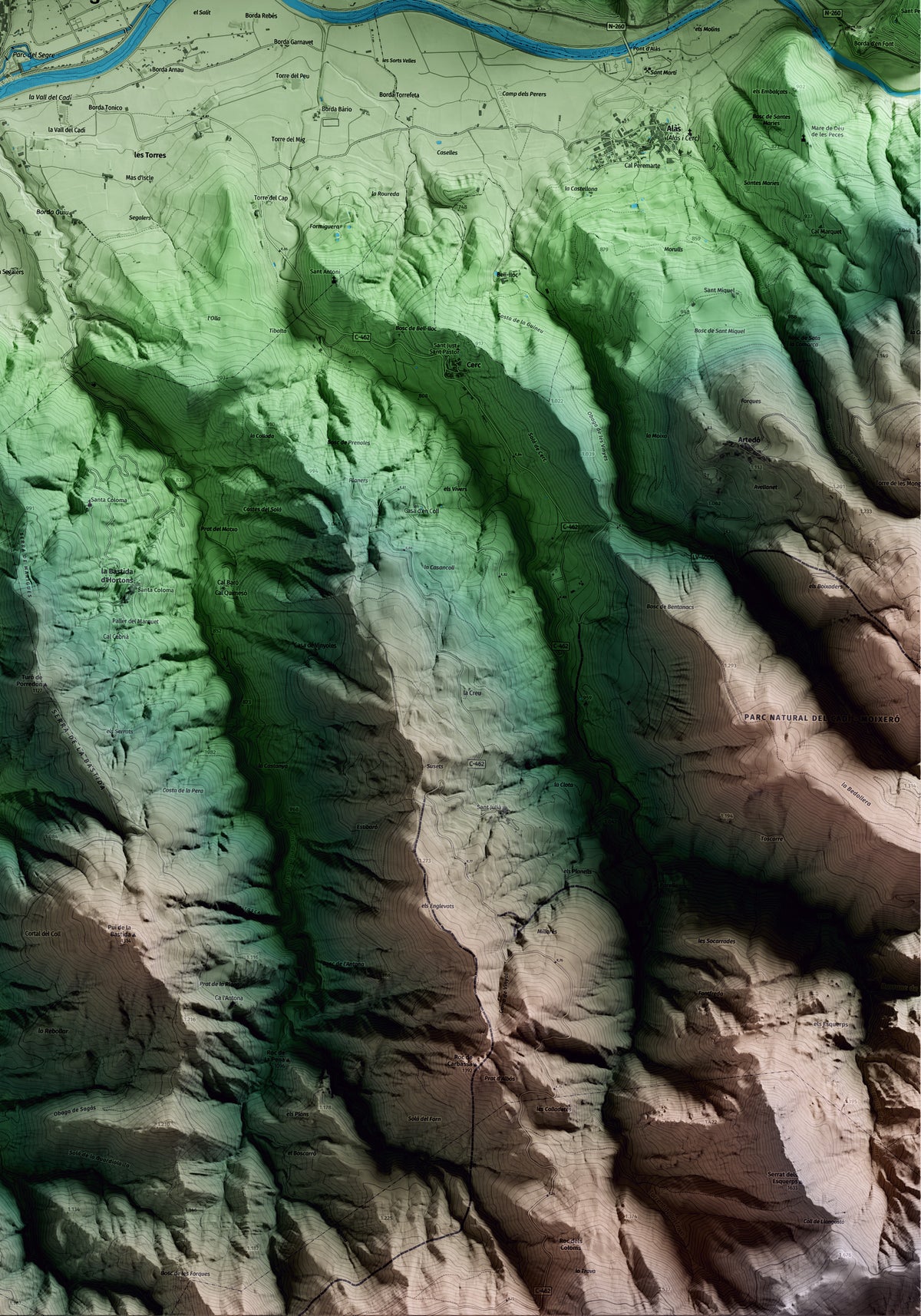 Mapa artístico del relieve de la Seu d'Urgell, al Alt Urgell, con 15 km de entorno y base topográfica ICGC. Detalle de la zona inferior derecha.