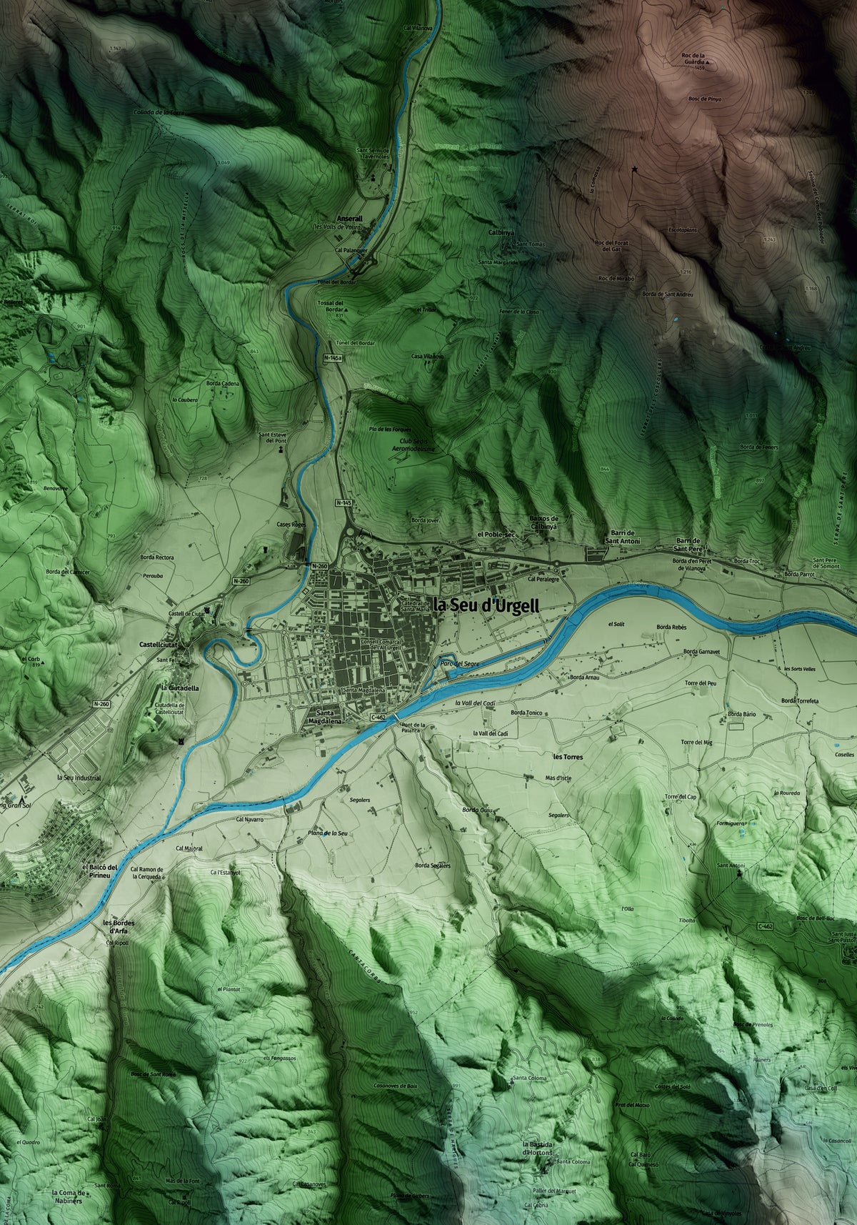 Mapa artístico del relieve de la Seu d'Urgell, al Alt Urgell, con 15 km de entorno y base topográfica ICGC. Detalle de la zona central.