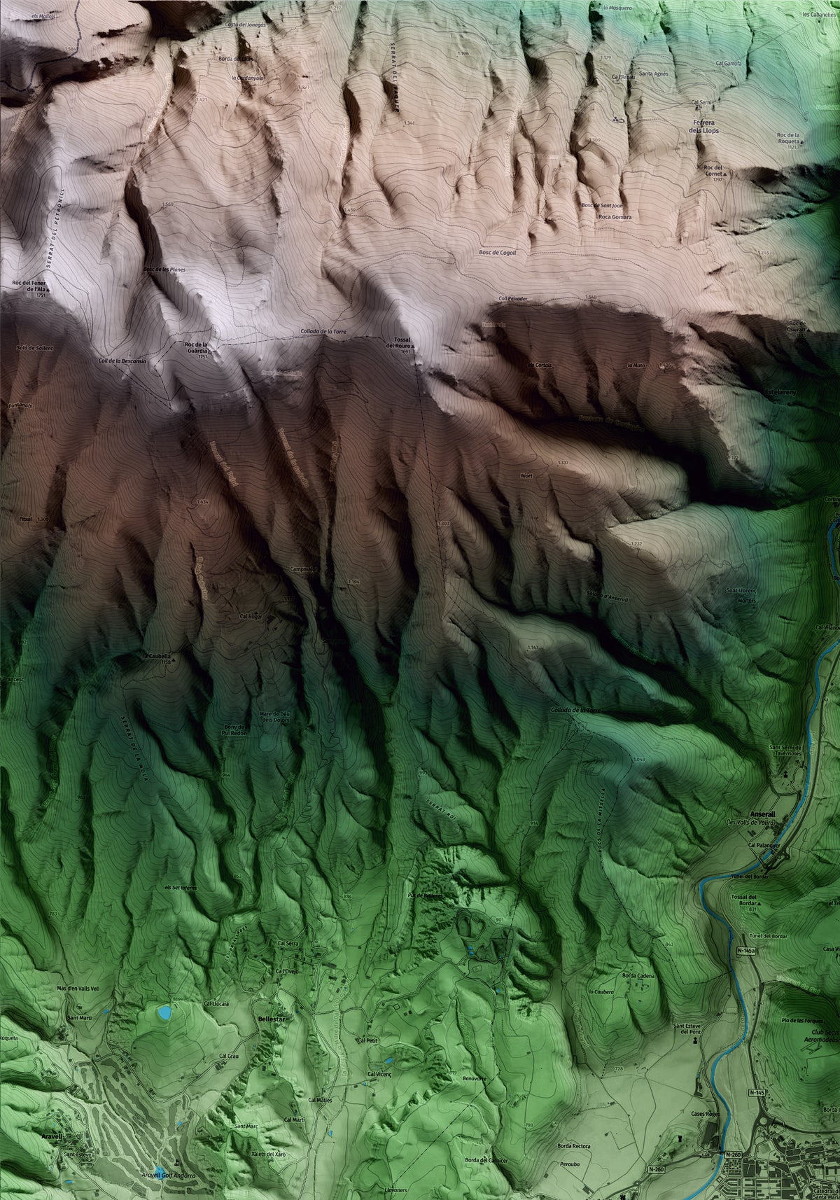 Mapa artístico del relieve de la Seu d'Urgell, al Alt Urgell, con 15 km de entorno y base topográfica ICGC. Detalle de la zona superior izquierda.