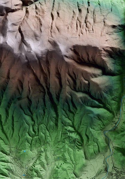Mapa artístico del relieve de la Seu d'Urgell, al Alt Urgell, con 15 km de entorno y base topográfica ICGC. Detalle de la zona superior izquierda.