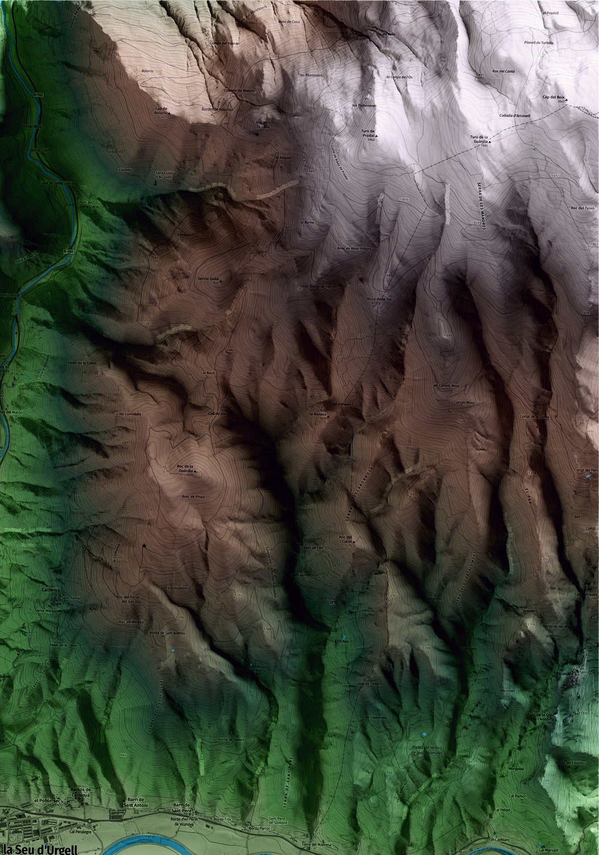 Mapa artístico del relieve de la Seu d'Urgell, al Alt Urgell, con 15 km de entorno y base topográfica ICGC. Detalle de la zona superior derecha.