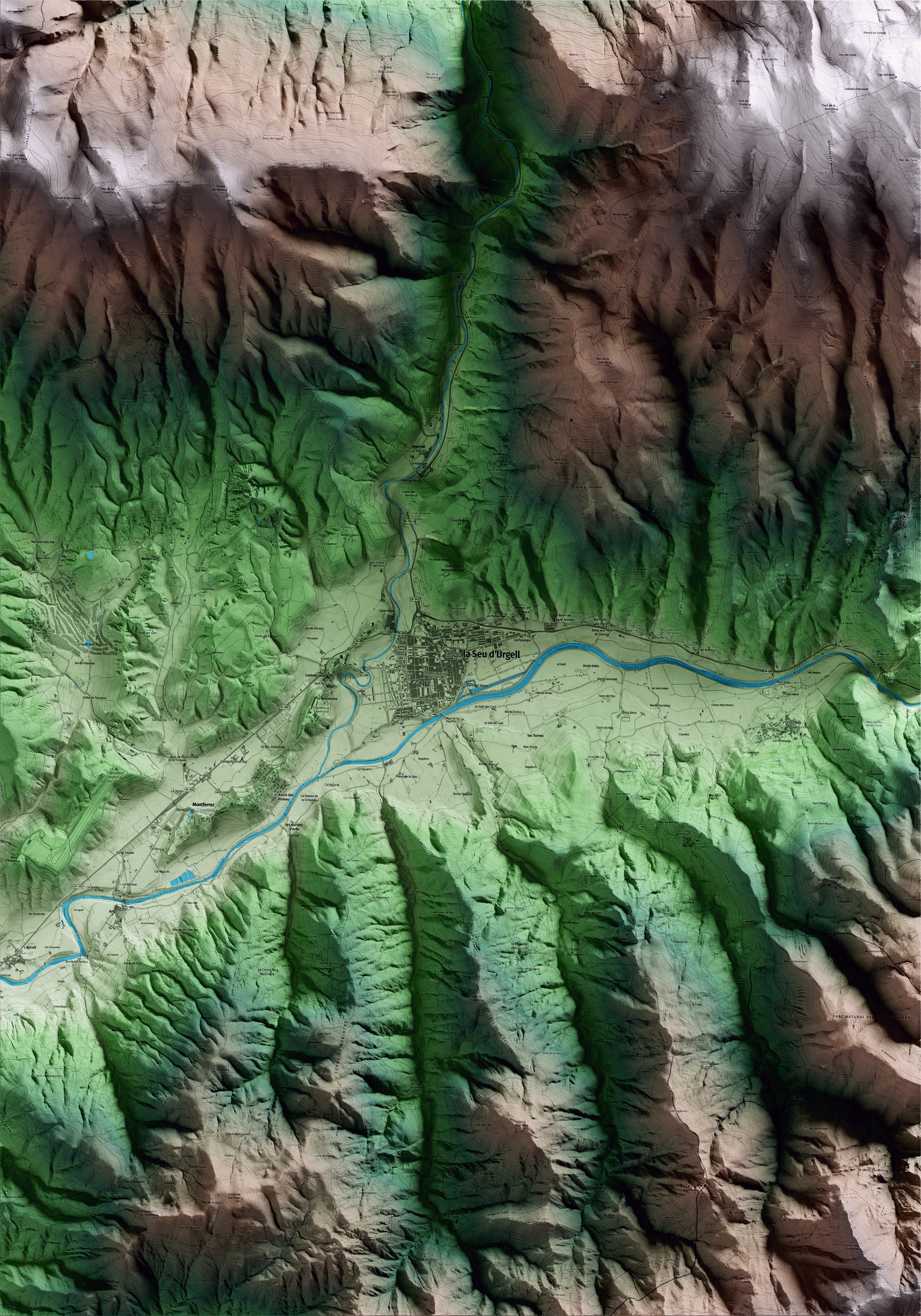 Mapa artístico del relieve de la Seu d'Urgell, al Alt Urgell, con 15 km de entorno y base topográfica ICGC