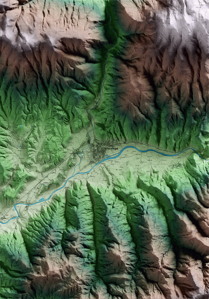 Mapa artístico del relieve de la Seu d'Urgell, al Alt Urgell, con 15 km de entorno y base topográfica ICGC
