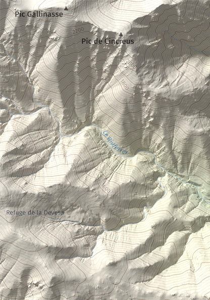 Mapa de relieve de la Soca, 1635 m, Vallespir, lámina 100 Cims de Trobart. Detalle de la zona superior izquierda. 21 × 30 cm.