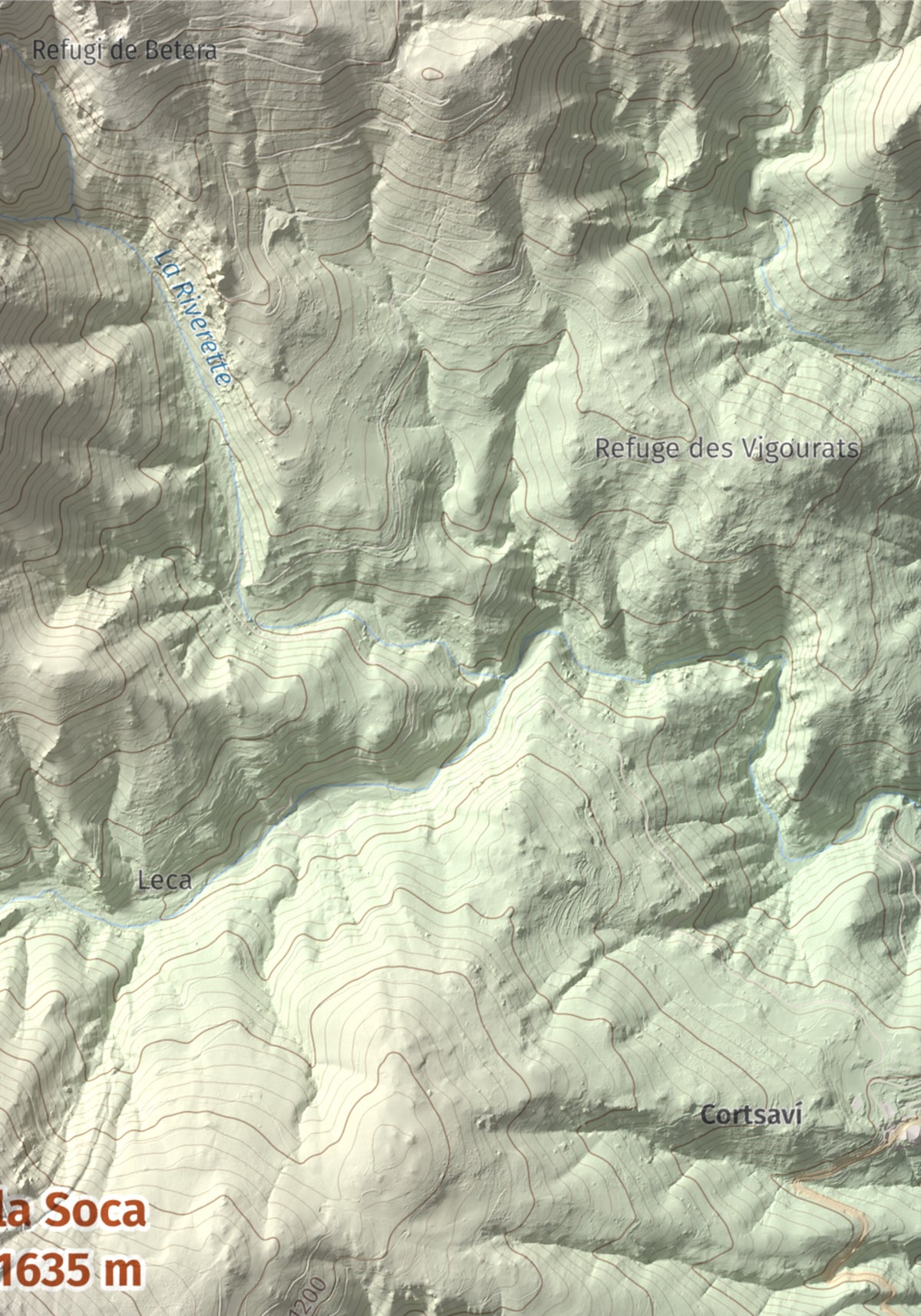 Mapa de relieve de la Soca, 1635 m, Vallespir, lámina 100 Cims de Trobart. Detalle de la zona superior derecha. 21 × 30 cm.