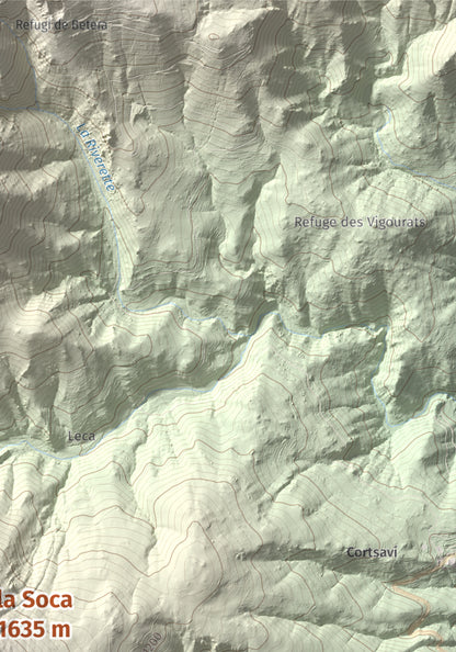 Mapa de relieve de la Soca, 1635 m, Vallespir, lámina 100 Cims de Trobart. Detalle de la zona superior derecha. 21 × 30 cm.