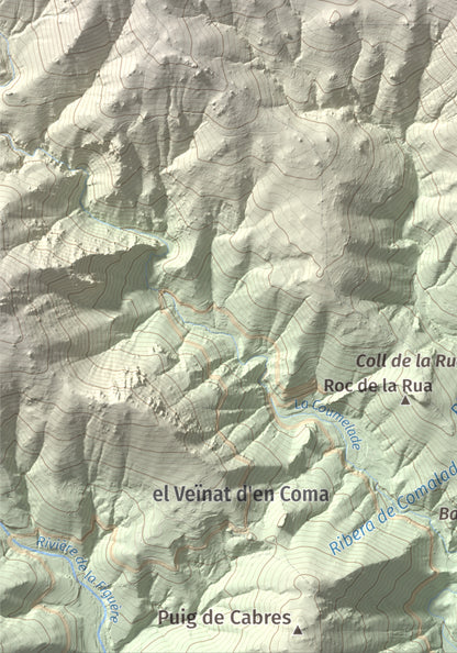 Mapa de relieve de la Soca, 1635 m, Vallespir, lámina 100 Cims de Trobart. Detalle de la zona inferior izquierda. 21 × 30 cm.