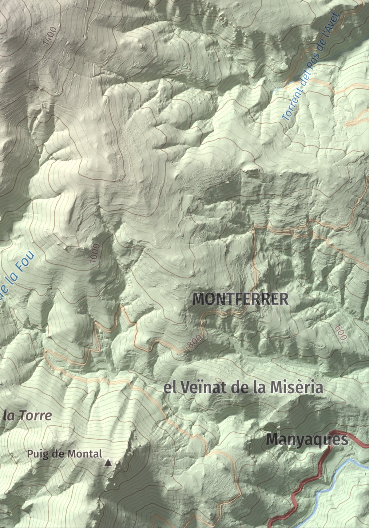Mapa de relieve de la Soca, 1635 m, Vallespir, lámina 100 Cims de Trobart. Detalle de la zona inferior derecha. 21 × 30 cm.