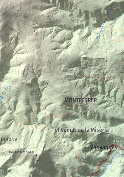 Mapa de relieve de la Soca, 1635 m, Vallespir, lámina 100 Cims de Trobart. Detalle de la zona inferior derecha. 21 × 30 cm.