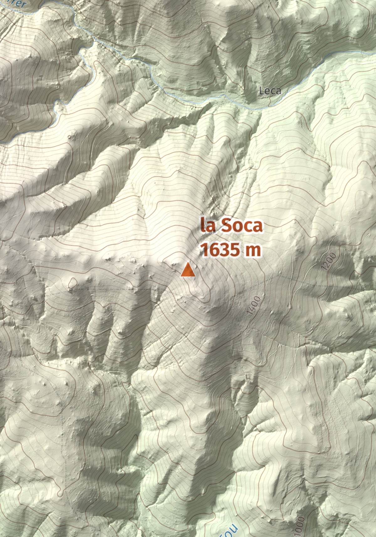 Mapa de relieve de la Soca, 1635 m, Vallespir, lámina 100 Cims de Trobart. Detalle de la zona central. 21 × 30 cm.