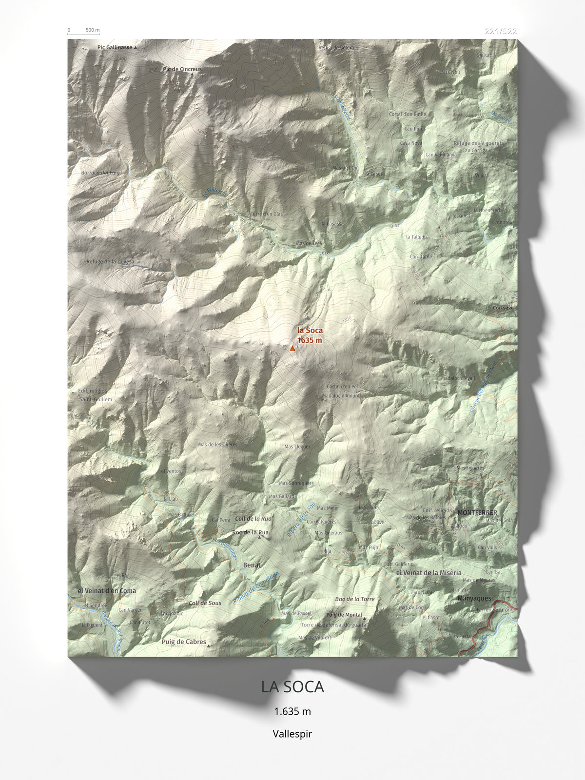 Mapa de relieve de la Soca, 1635 m, Vallespir, lámina 100 Cims de Trobart 30 × 40 cm.