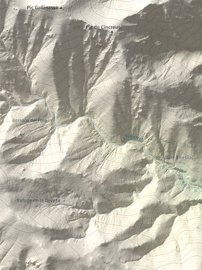 Mapa de relieve de la Soca, 1635 m, Vallespir, lámina 100 Cims de Trobart. Detalle de la zona superior izquierda. 30 × 40 cm.