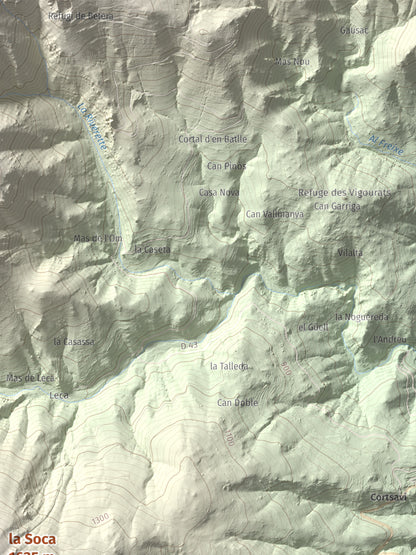 Mapa de relieve de la Soca, 1635 m, Vallespir, lámina 100 Cims de Trobart. Detalle de la zona superior derecha. 30 × 40 cm.