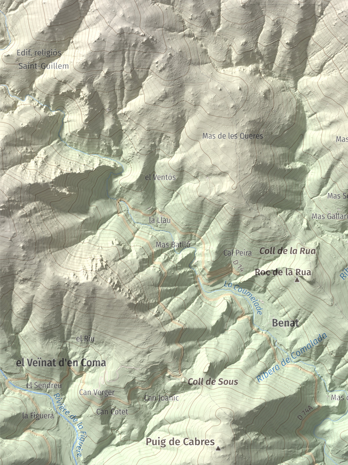Mapa de relieve de la Soca, 1635 m, Vallespir, lámina 100 Cims de Trobart. Detalle de la zona inferior izquierda. 30 × 40 cm.