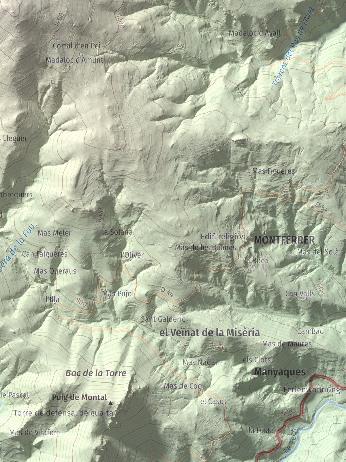 Mapa de relieve de la Soca, 1635 m, Vallespir, lámina 100 Cims de Trobart. Detalle de la zona inferior derecha. 30 × 40 cm.