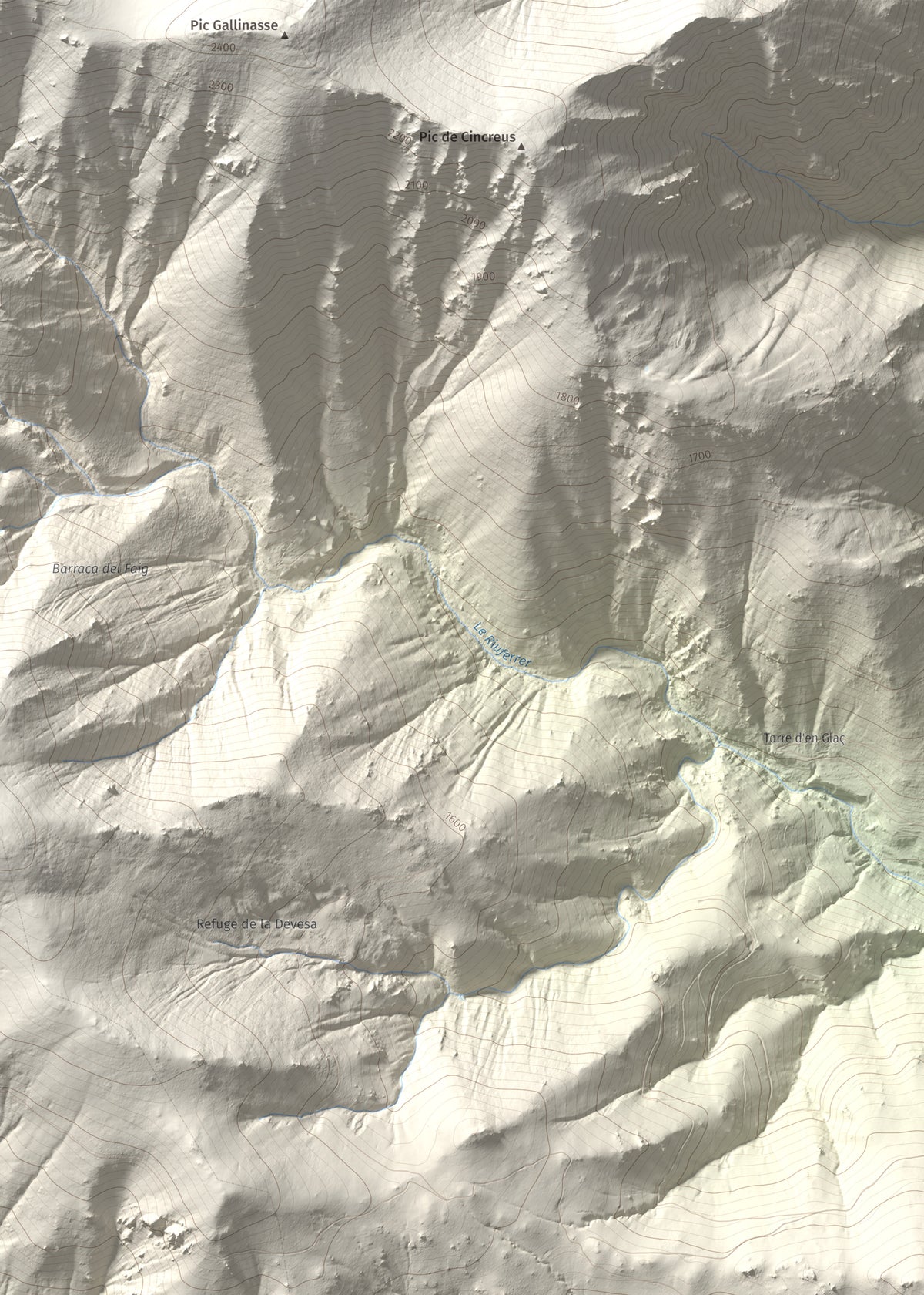 Mapa de relieve de la Soca, 1635 m, Vallespir, lámina 100 Cims de Trobart. Detalle de la zona superior izquierda. 50 × 70 cm.