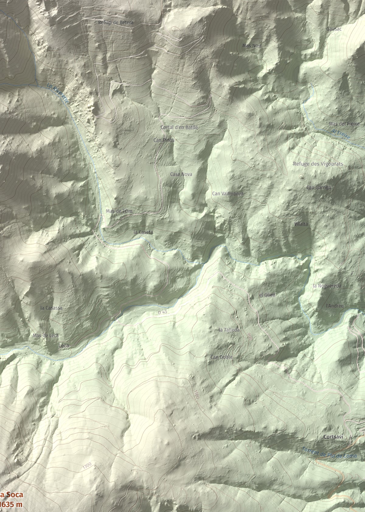 Mapa de relieve de la Soca, 1635 m, Vallespir, lámina 100 Cims de Trobart. Detalle de la zona superior derecha. 50 × 70 cm.