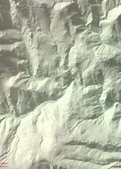 Mapa de relieve de la Soca, 1635 m, Vallespir, lámina 100 Cims de Trobart. Detalle de la zona superior derecha. 50 × 70 cm.