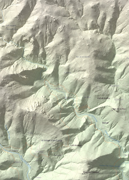Mapa de relieve de la Soca, 1635 m, Vallespir, lámina 100 Cims de Trobart. Detalle de la zona inferior izquierda. 50 × 70 cm.