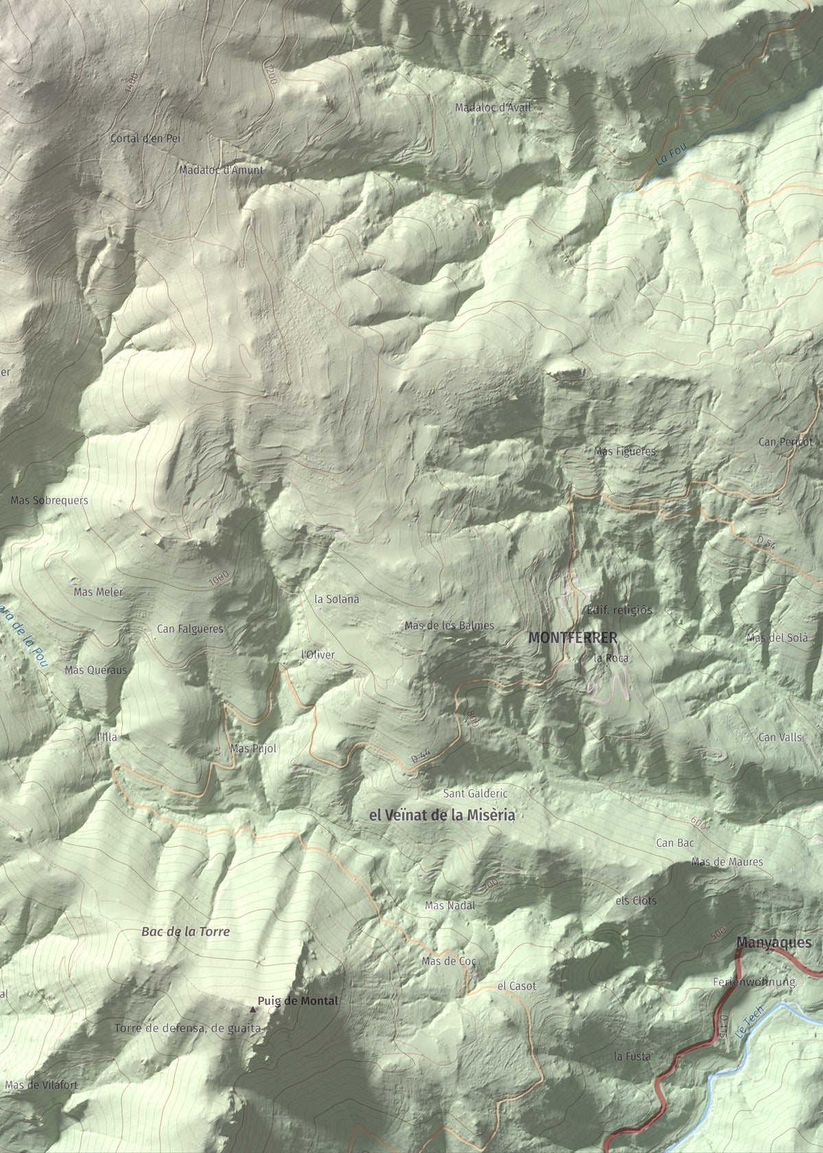 Mapa de relieve de la Soca, 1635 m, Vallespir, lámina 100 Cims de Trobart. Detalle de la zona inferior derecha. 50 × 70 cm.