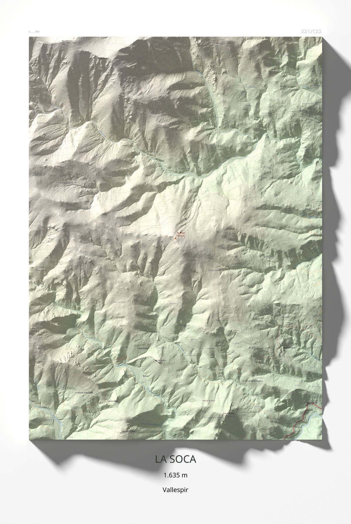Mapa de relieve de la Soca, 1635 m, Vallespir, lámina 100 Cims de Trobart 61 × 91 cm.
