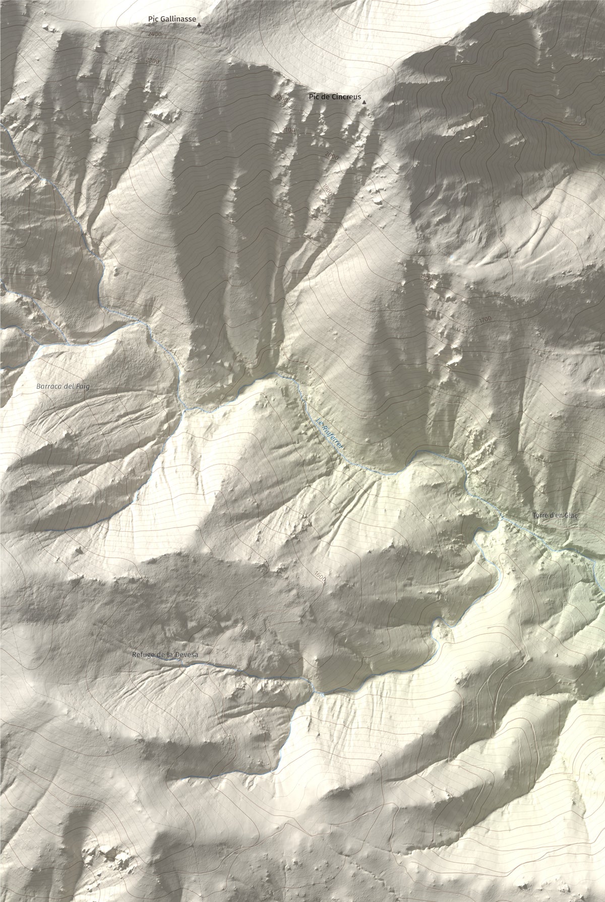 Mapa de relieve de la Soca, 1635 m, Vallespir, lámina 100 Cims de Trobart. Detalle de la zona superior izquierda. 61 × 91 cm.