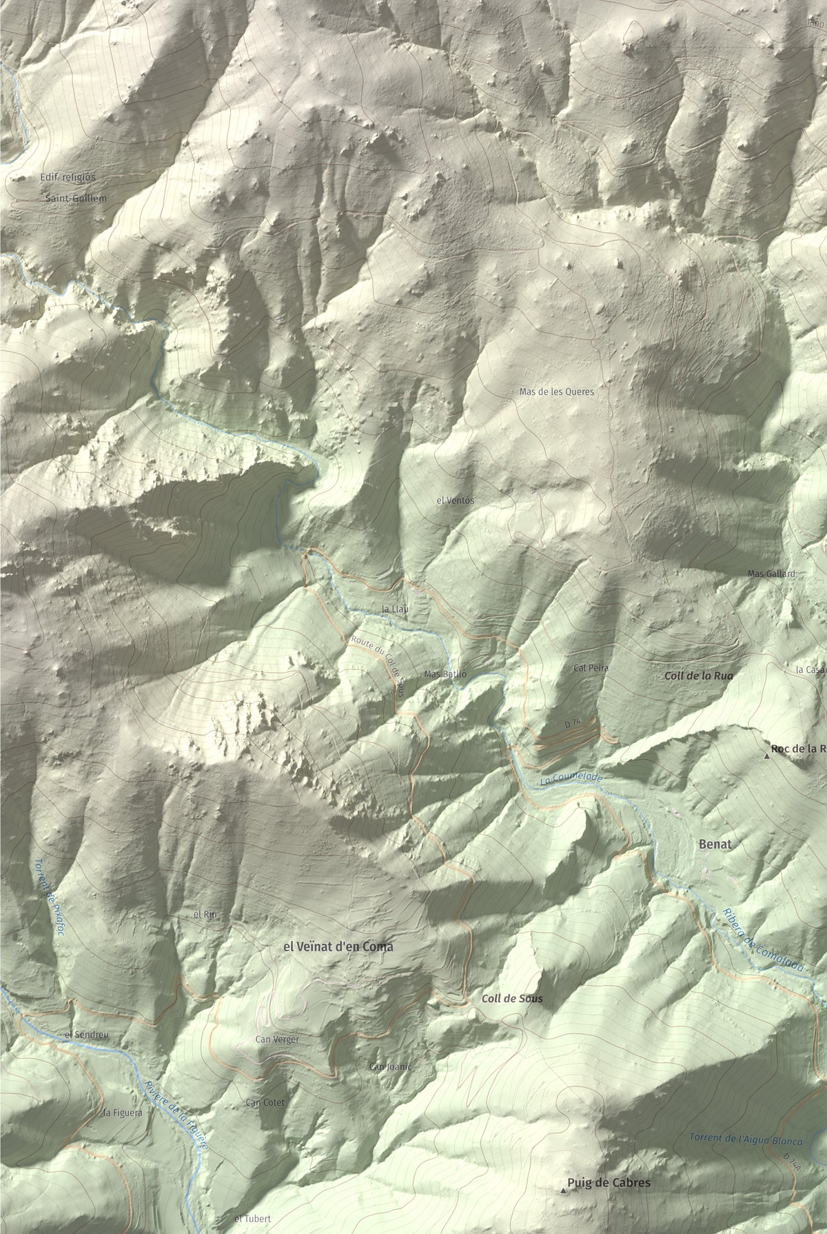 Mapa de relieve de la Soca, 1635 m, Vallespir, lámina 100 Cims de Trobart. Detalle de la zona inferior izquierda. 61 × 91 cm.