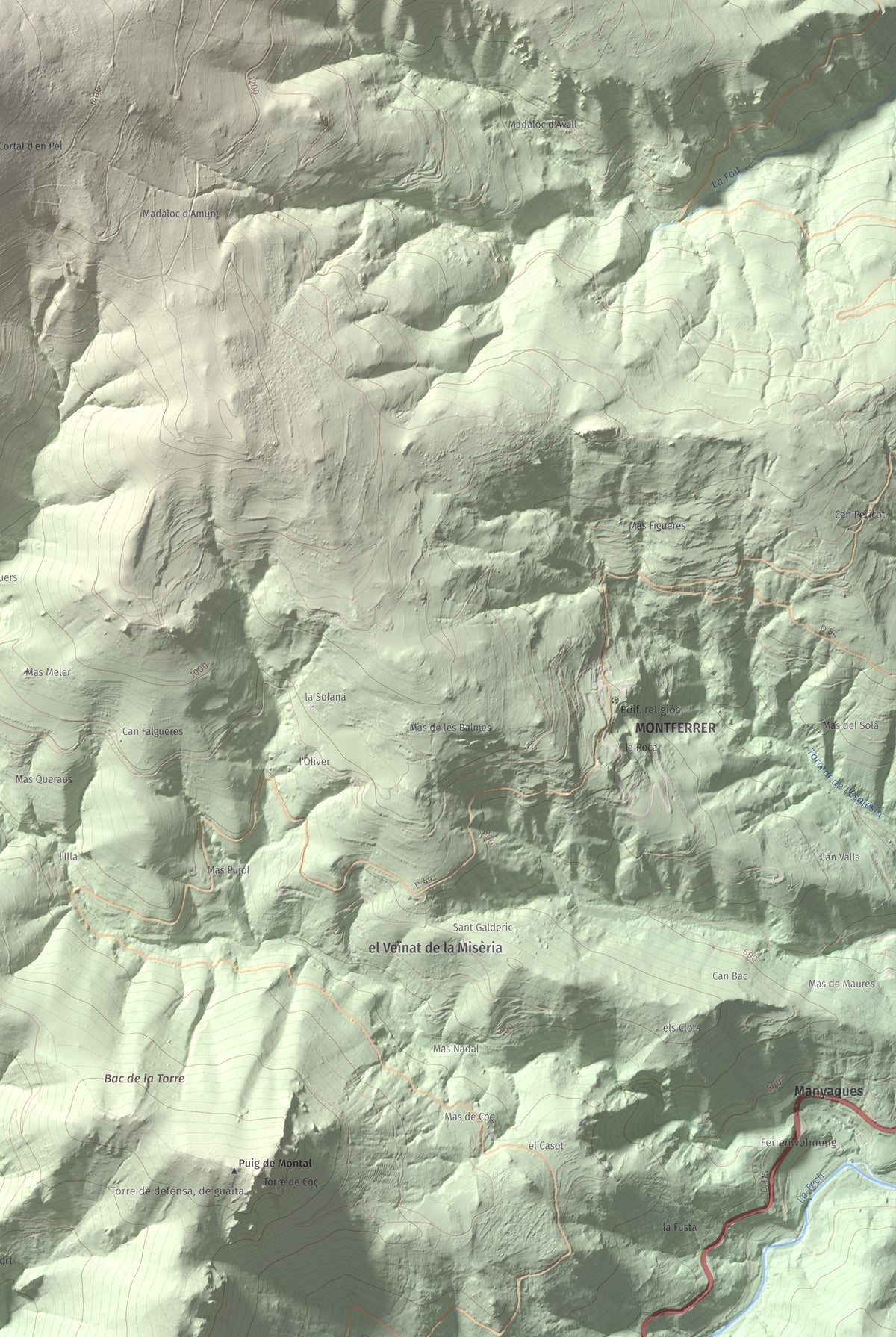 Mapa de relieve de la Soca, 1635 m, Vallespir, lámina 100 Cims de Trobart. Detalle de la zona inferior derecha. 61 × 91 cm.