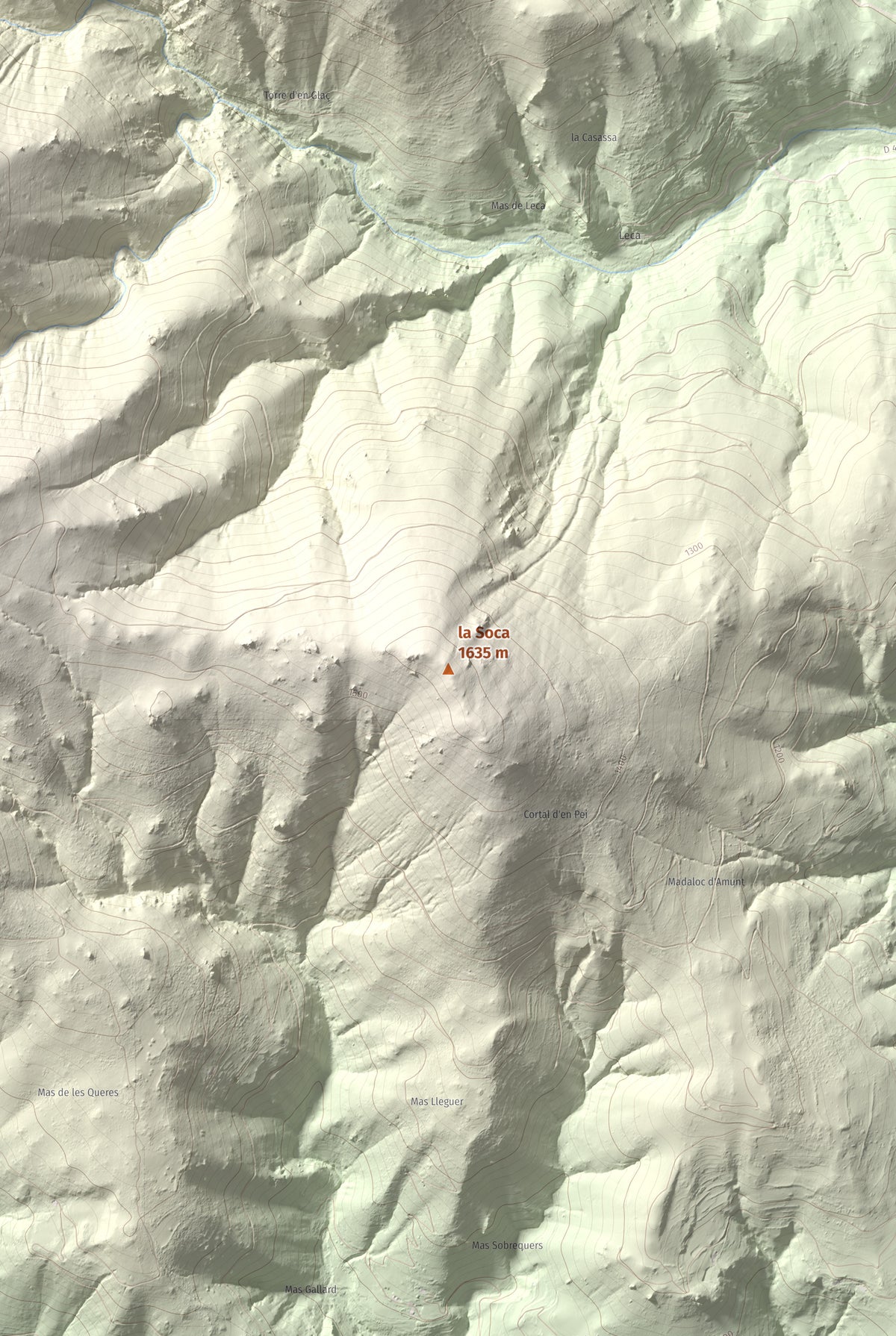 Mapa de relieve de la Soca, 1635 m, Vallespir, lámina 100 Cims de Trobart. Detalle de la zona central. 61 × 91 cm.