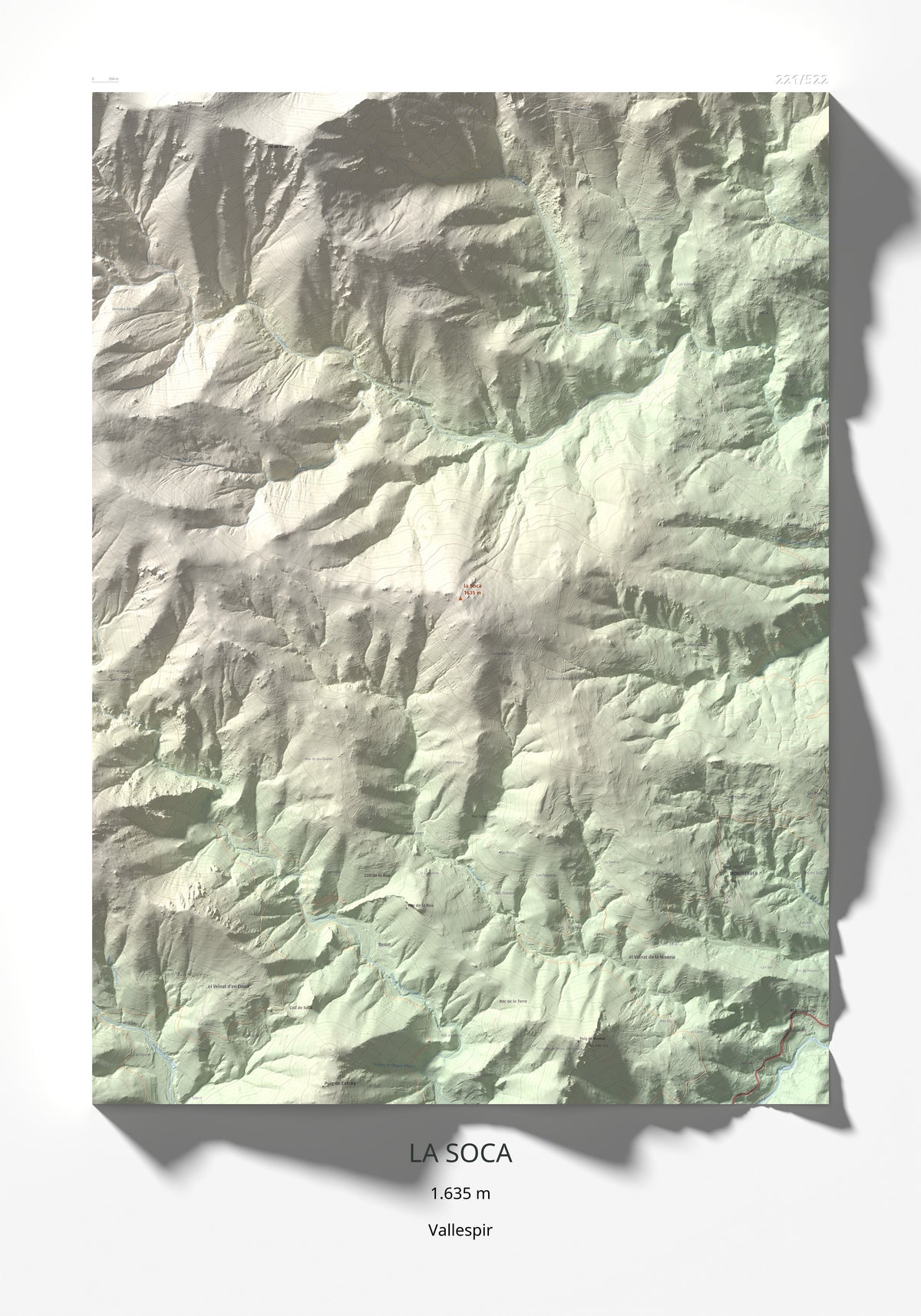 Mapa de relieve de la Soca, 1635 m, Vallespir, lámina 100 Cims de Trobart 70 × 100 cm.