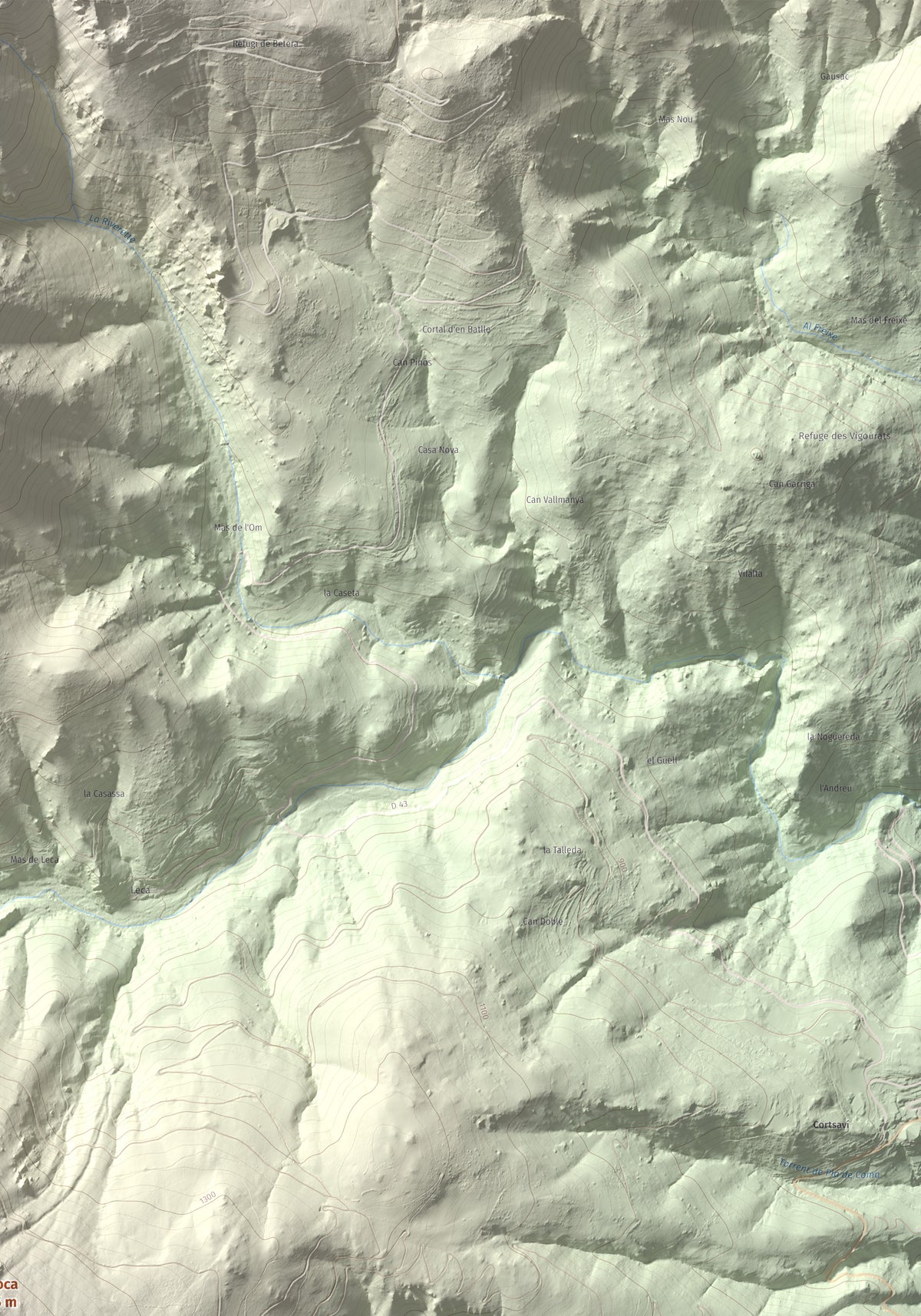 Mapa de relieve de la Soca, 1635 m, Vallespir, lámina 100 Cims de Trobart. Detalle de la zona superior derecha. 70 × 100 cm.