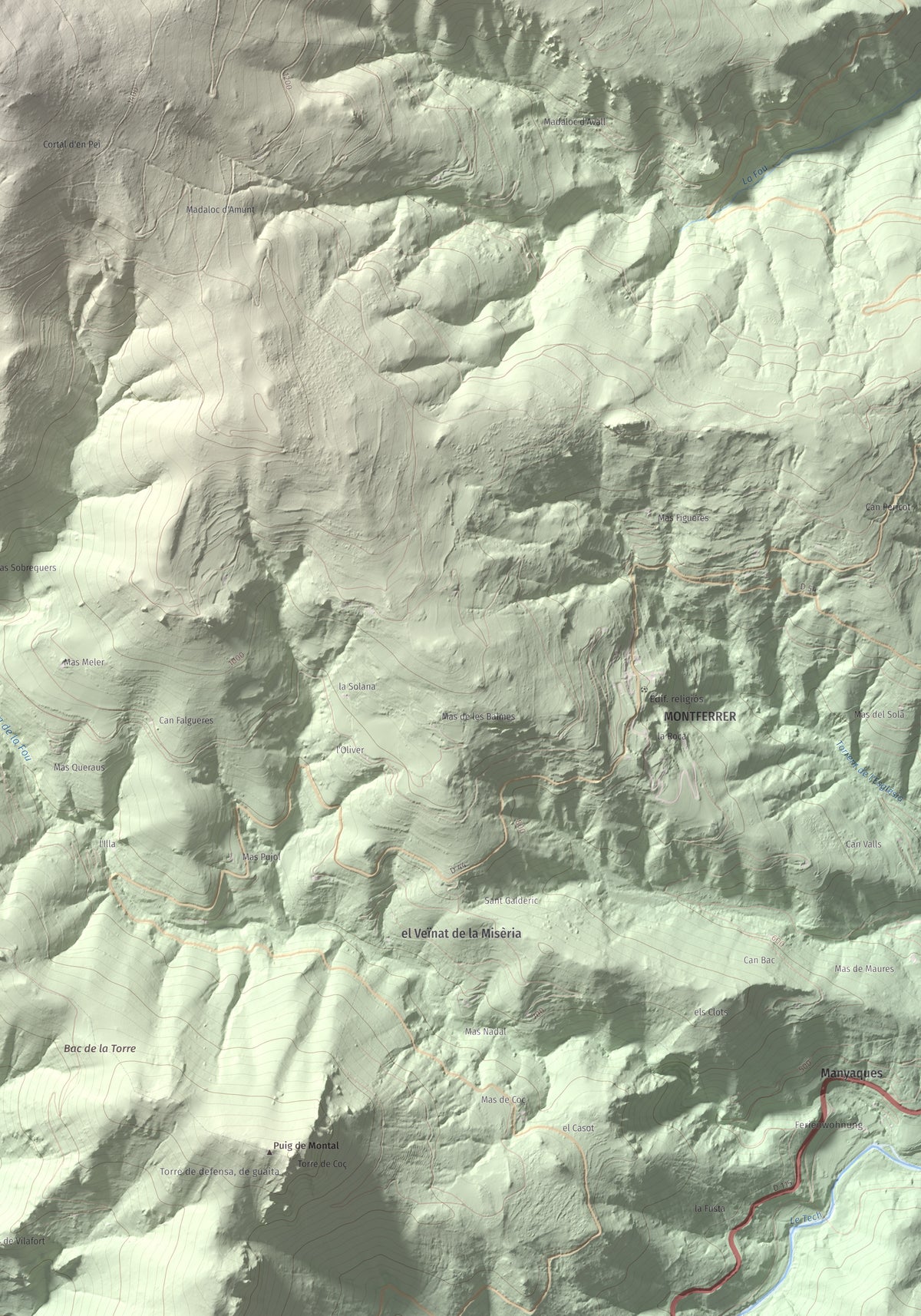 Mapa de relieve de la Soca, 1635 m, Vallespir, lámina 100 Cims de Trobart. Detalle de la zona inferior derecha. 70 × 100 cm.