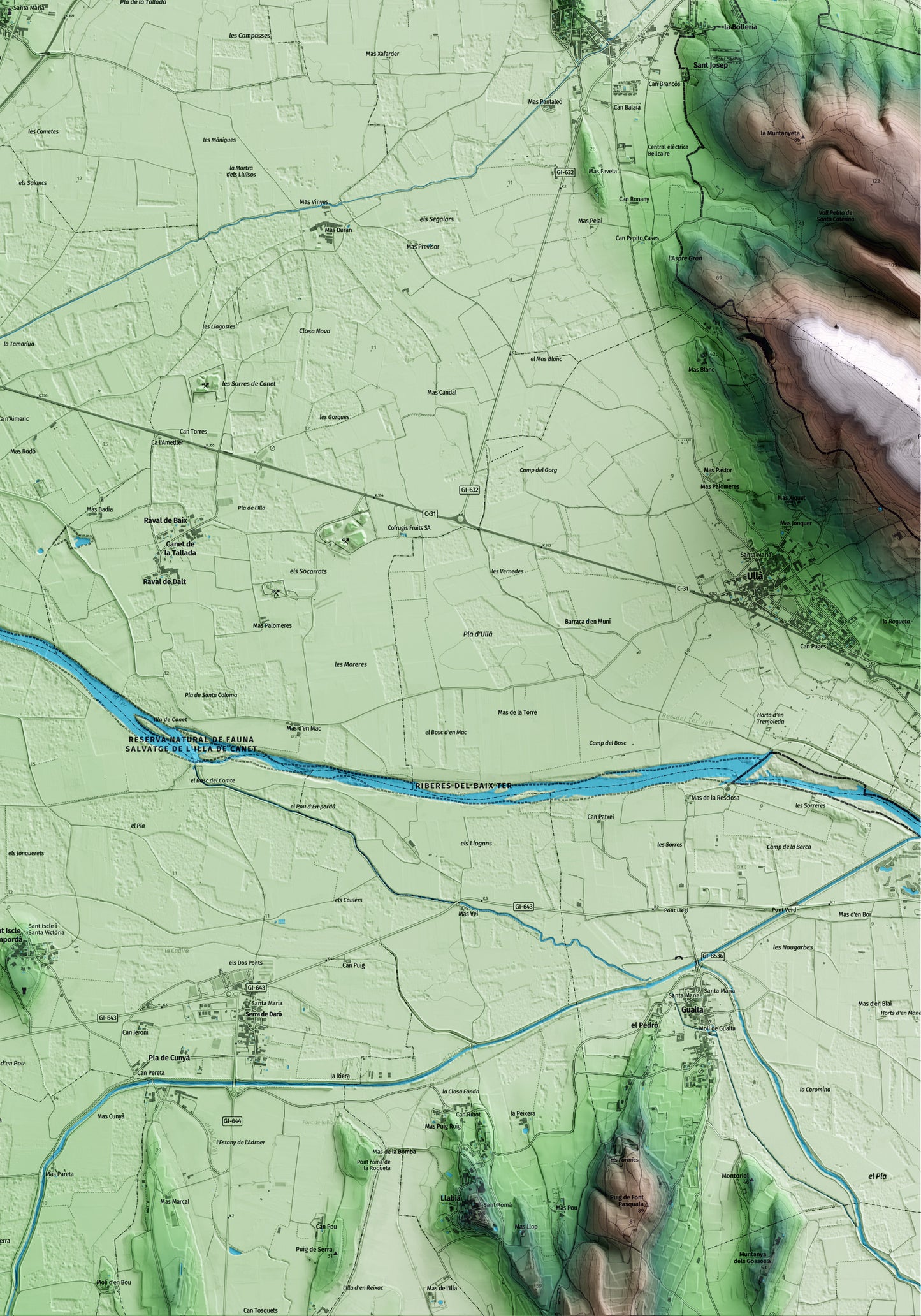 Mapa artístico del relieve de la Tallada d'Empordà, al Baix Empordà, con 15 km de entorno y base topográfica ICGC. Detalle de la zona inferior derecha.