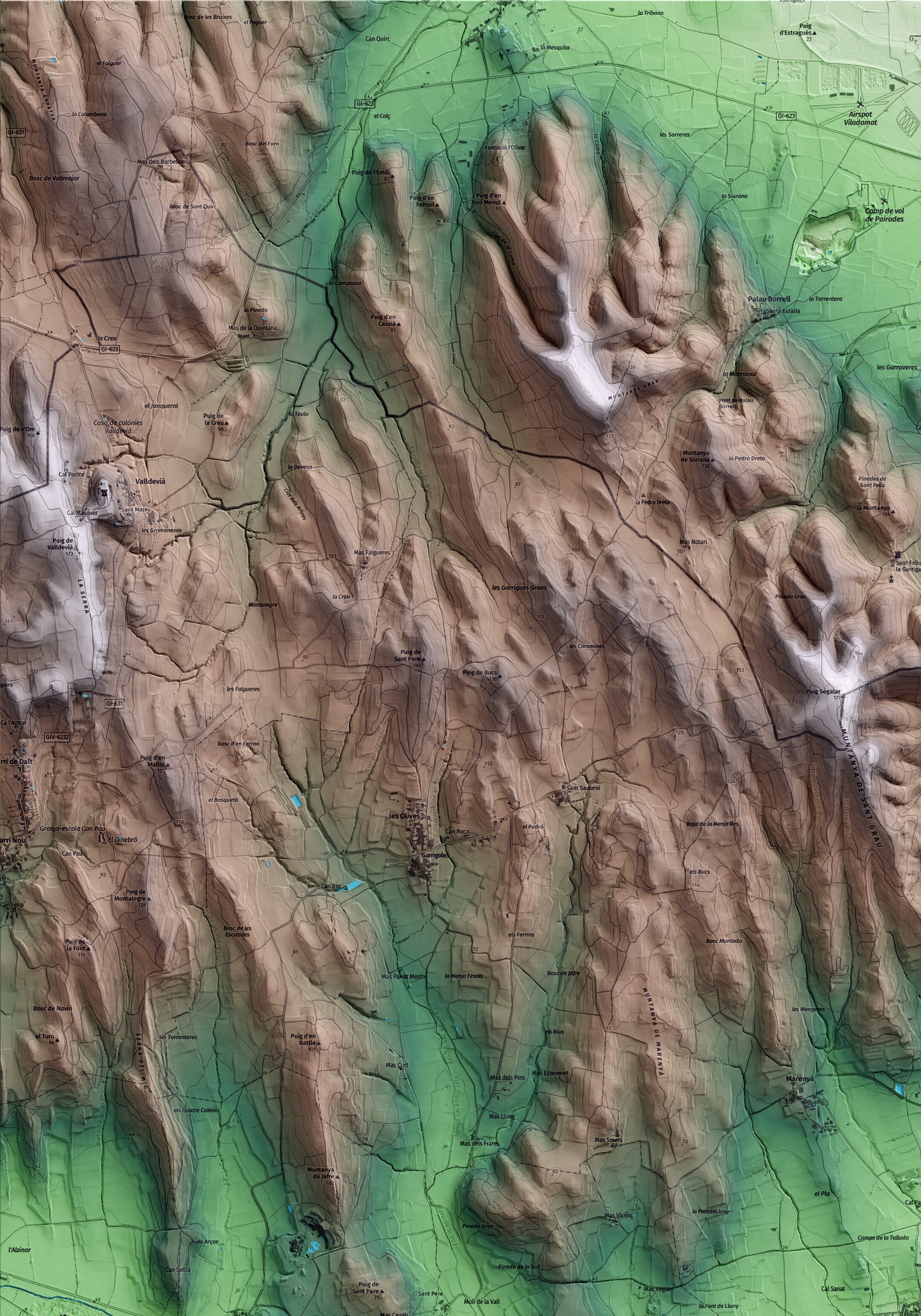 Mapa artístico del relieve de la Tallada d'Empordà, al Baix Empordà, con 15 km de entorno y base topográfica ICGC. Detalle de la zona superior izquierda.