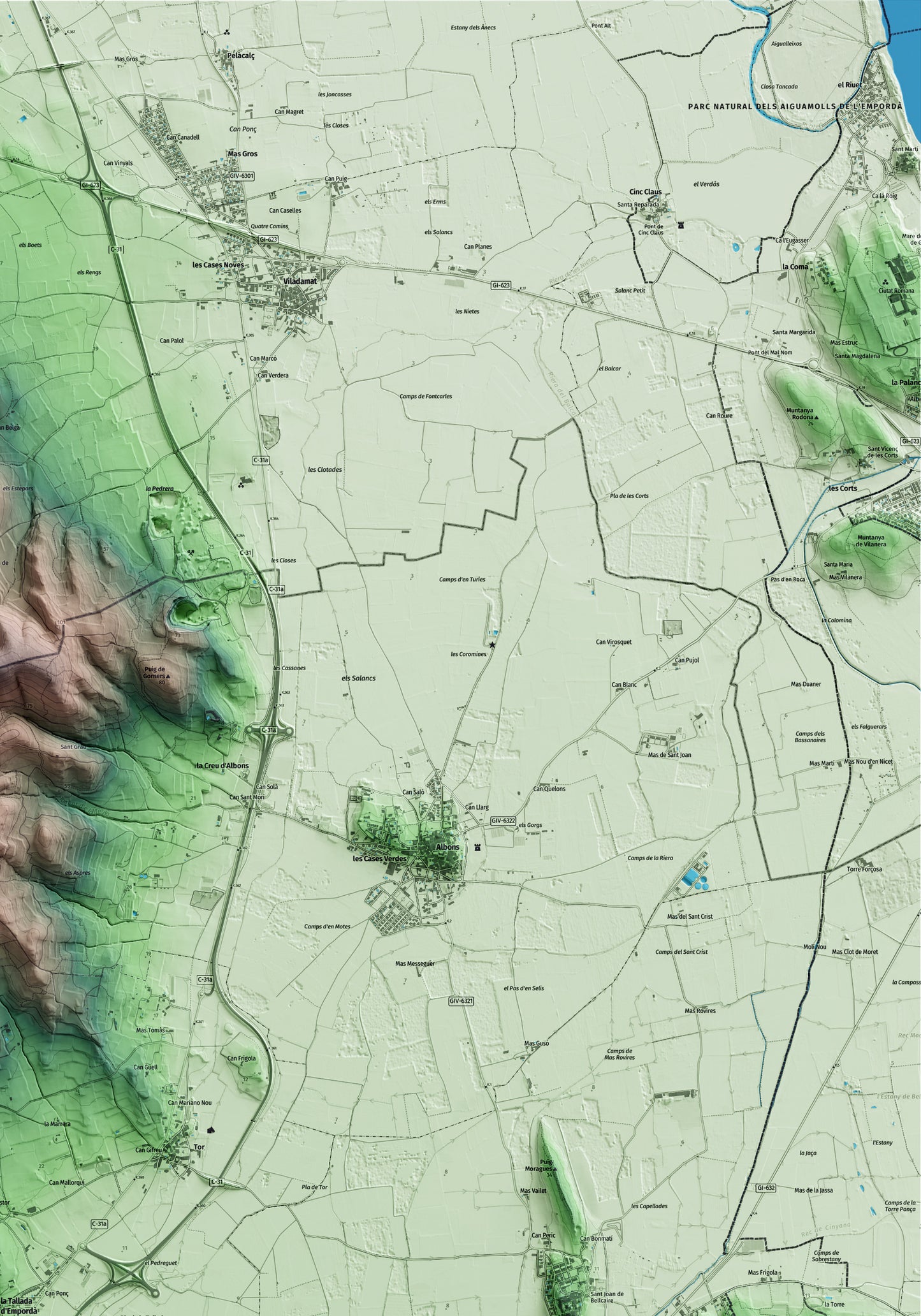 Mapa artístico del relieve de la Tallada d'Empordà, al Baix Empordà, con 15 km de entorno y base topográfica ICGC. Detalle de la zona superior derecha.